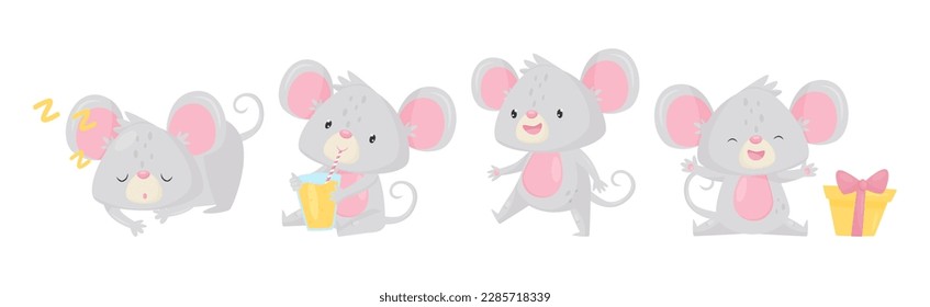Grey Mouse Character with Huge Ears Engaged in Different Activity Vector Set
