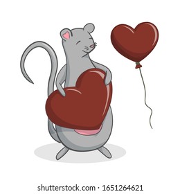 Grey mouse character with a huge red heart; vector illustration EPS10