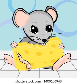 Grey mouse with cheese on floor