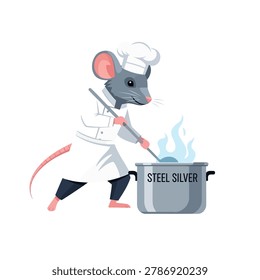 A grey mouse chef mascot in a dynamic cooking. It is using a simplified, long spoon to stir a large Steel Silver cooking pot. Flat vector mascot design