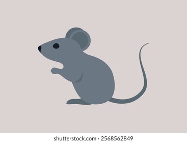 A grey mouse displaying its playful nature and curiosity, set against a gentle pastel backdrop that enhances its cute and charming appearance in a lively moment