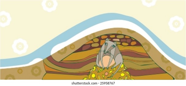 grey mouse in a hole sits on a heap of gold grain