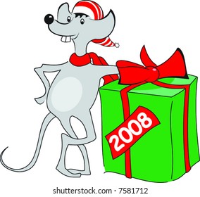 The grey mouse with New Year gift.