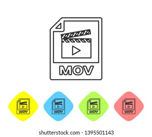 Grey MOV file document icon. Download mov button line icon isolated on white background. MOV file symbol. Audio and video collection. Set icon in color rhombus buttons. Vector Illustration
