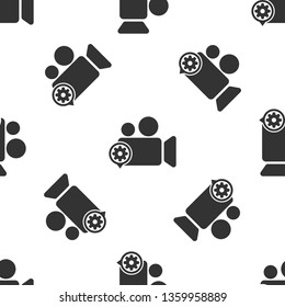 Grey Movie or Video camera and gear icon isolated seamless pattern on white background. Adjusting app, service concept, setting options, maintenance, repair, fixing. Vector Illustration