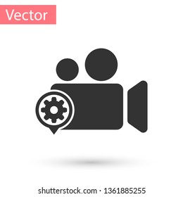Grey Movie or Video camera and gear icon isolated on white background. Adjusting app, service concept, setting options, maintenance, repair, fixing. Vector Illustration