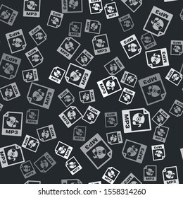 Grey MP3 file document. Download mp3 button icon isolated seamless pattern on black background. Mp3 music format sign. MP3 file symbol.  Vector Illustration