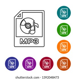 Grey MP3 file document icon. Download mp3 button line icon isolated on white background. Mp3 music format sign. MP3 file symbol. Set icon in color circle buttons. Vector Illustration