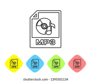 Grey MP3 file document icon. Download mp3 button line icon isolated on white background. Mp3 music format sign. MP3 file symbol. Set icon in color rhombus buttons. Vector Illustration