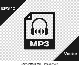 Grey MP3 file document icon. Download mp3 button icon isolated on transparent background. Mp3 music format sign. MP3 file symbol. Vector Illustration