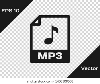 Grey MP3 file document icon. Download mp3 button icon isolated on transparent background. Mp3 music format sign. MP3 file symbol. Vector Illustration