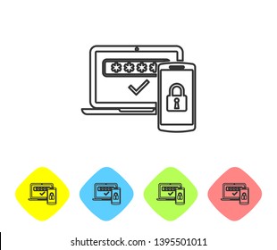 Grey Multi factor, two steps authentication line icon isolated on white background. Set icon in color rhombus buttons. Vector Illustration