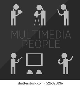 grey multimedia people on black background camera man