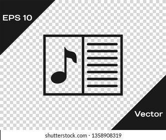 Grey Music book with note icon isolated on transparent background. Music sheet with note stave. Notebook for musical notes. Vector Illustration