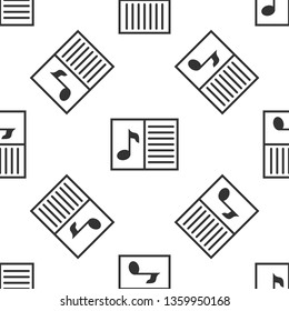 Grey Music book with note icon isolated seamless pattern on white background. Music sheet with note stave. Notebook for musical notes. Vector Illustration