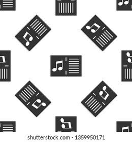 Grey Music book with note icon isolated seamless pattern on white background. Music sheet with note stave. Notebook for musical notes. Vector Illustration