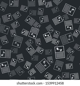 Grey Music book with note icon isolated seamless pattern on black background. Music sheet with note stave. Notebook for musical notes.  Vector Illustration