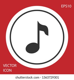 Grey Music note, tone icon isolated on red background. Circle button. Vector Illustration