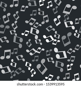 Grey Music note, tone icon isolated seamless pattern on black background.  Vector Illustration