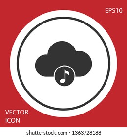 Grey Music streaming service icon isolated on red background. Sound cloud computing, online media streaming, online song, audio wave. White circle button. Vector Illustration