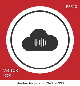 Grey Music streaming service icon isolated on red background. Sound cloud computing, online media streaming, online song, audio wave. White circle button. Vector Illustration