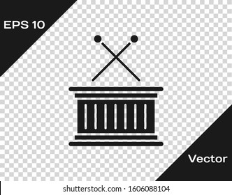 Grey Musical instrument drum and drum sticks icon isolated on transparent background.  Vector Illustration