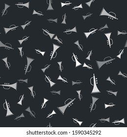 Grey Musical instrument trumpet icon isolated seamless pattern on black background.  Vector Illustration