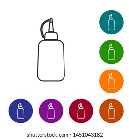 Grey Mustard bottle line icon isolated on white background. Set icon in color circle buttons. Vector Illustration