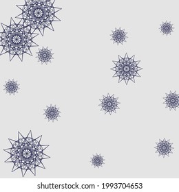 Grey Mystery Christmas Metalic New Year Pattern. Sharp Winter Chaotic Purple Silver Sky Background. Cold Night Dark Stars White Wallpaper. Luxury Snowflakes Violet Print Mandala Background.