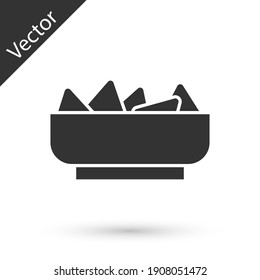 Grey Nachos in bowl icon isolated on white background. Tortilla chips or nachos tortillas. Traditional mexican fast food menu. Vector.