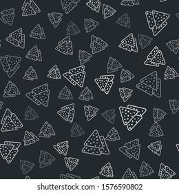 Grey Nachos icon isolated seamless pattern on black background. Tortilla chips or nachos tortillas. Traditional mexican fast food.  Vector Illustration