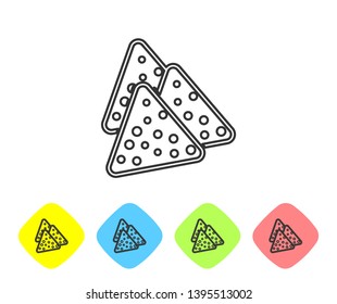 Grey Nachos line icon isolated on white background. Tortilla chips or nachos tortillas. Traditional mexican fast food. Set icon in color rhombus buttons. Vector Illustration