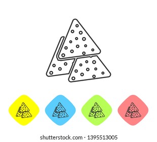 Grey Nachos line icon isolated on white background. Tortilla chips or nachos tortillas. Traditional mexican fast food. Set icon in color rhombus buttons. Vector Illustration