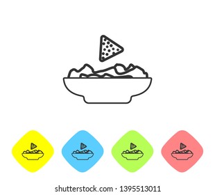 Grey Nachos in plate line icon isolated on white background. Tortilla chips or nachos tortillas. Traditional mexican fast food. Set icon in color rhombus buttons. Vector Illustration