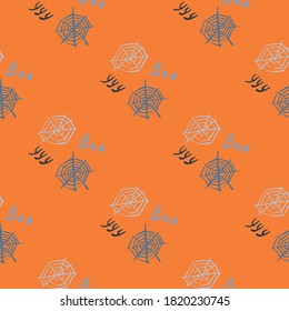 Grey and navy blue tones spider web silhouettes seamless pattern. Orange bright background. Halloween backdrop. Backdrop for wallpaper, textile, wrapping paper, fabric print. Vector illustration.