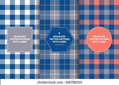 Grey, Navy And Coral Tartan And Gingham Plaid Seamless Patterns With Label Frame. Copy Space For Text. Set Of Design Templates For Packaging, Covers Or Gift Wrapping. Preppy Style Sports Fashion.