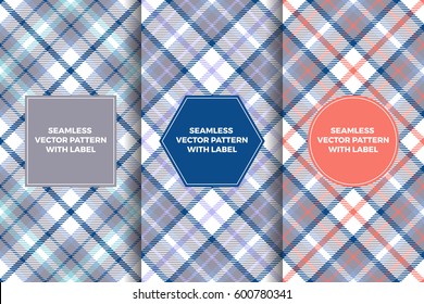 Grey, Navy And Coral Tartan Seamless Patterns With Label Frame. Copy Space For Text. Set Of Design Templates For Packaging, Covers Or Gift Wrapping. Preppy Style Sports Fashion.