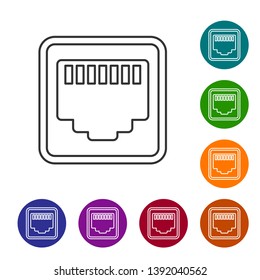 Grey Network port - cable socket line icon isolated on white background. LAN, ethernet port sign. Local area connector icon. Set icon in color circle buttons. Vector Illustration