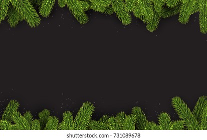Grey New Year background with green spruce branches. Vector illustration.