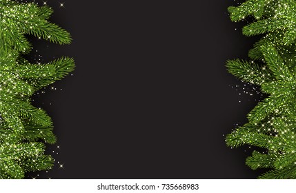 Grauer Neujahrshintergrund mit grünen Fichtenzweigen. Vektorgrafik.