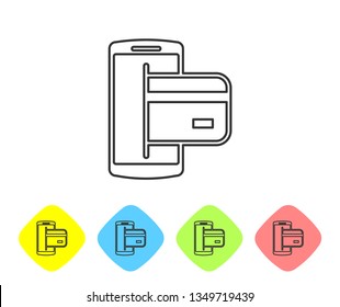 Grey NFC Payment line icon isolated on white background. Mobile payment. NFC smartphone concept. Transfer icon. Set icon in color rhombus buttons. Vector Illustration