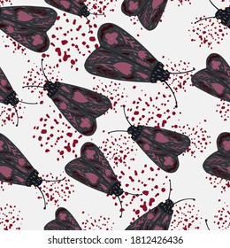 Grey night moth with pink folk ornament seamless pattern. Simple insect random print on white background with splashes. Designed for wallpaper, textile, wrapping paper, fabric. Vector illustration.