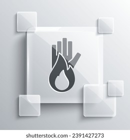 Grey No fire icon isolated on grey background. Fire prohibition and forbidden. Square glass panels. Vector