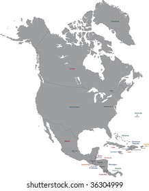 Grey North America map with countries and capital cities