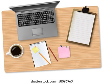 Grey notebook (laptop) and office supplies laying on the board. Vector.