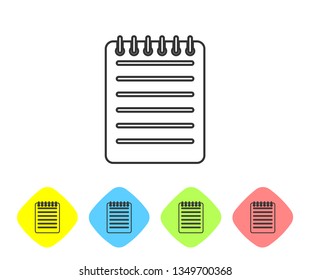 Grey Notebook line icon on white background. Spiral notepad icon. Writing pad. Diary for business. Notebook cover design. Office stationery item. Set icon in color rhombus buttons. Vector Illustration