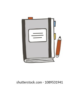 Grey notebook and red pencil vector illustration. Isolated vector school or office stuff. 