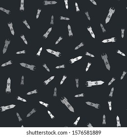 Grey Nuclear rocket icon isolated seamless pattern on black background. Rocket bomb flies down.  Vector Illustration
