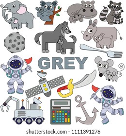 Grey Objects Color elements set, collection of coloring book template, the group of outline digital elements vector illustration, kid educational game page.