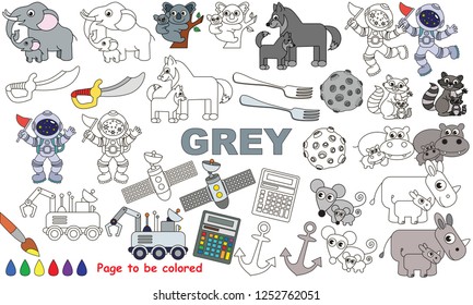 Grey Objects Color elements set, collection of coloring book template, the group of outline digital elements vector illustration, kid educational game page.